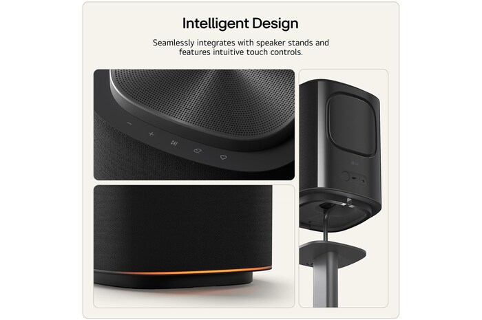 LG Stereo 5 wireless speaker showing integrated touch controls, premium fabric grille design, and seamless compatibility with a speaker stand.
